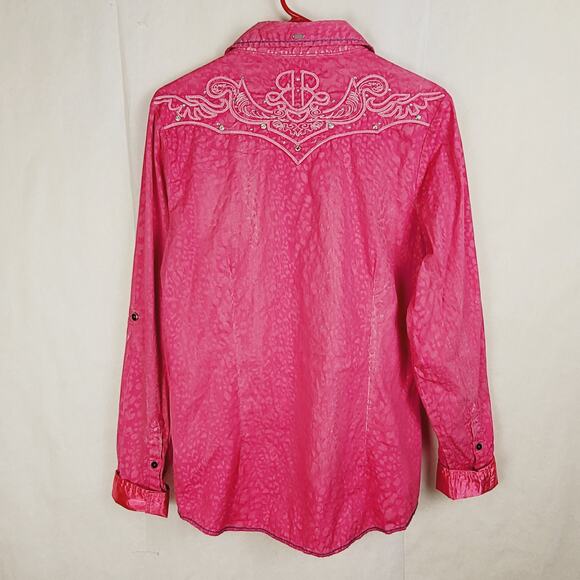 Roar pink embroidered sequined satin trim button up western shirt Large Cowgirl - Picture 2 of 10